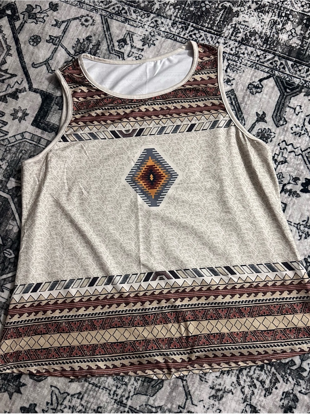 Sleeveless Aztec Print Tank Top - Cream & Brown
